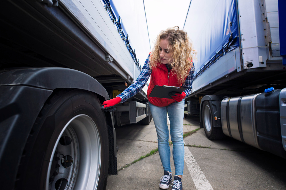 une femme inspectant les pneus de son camion